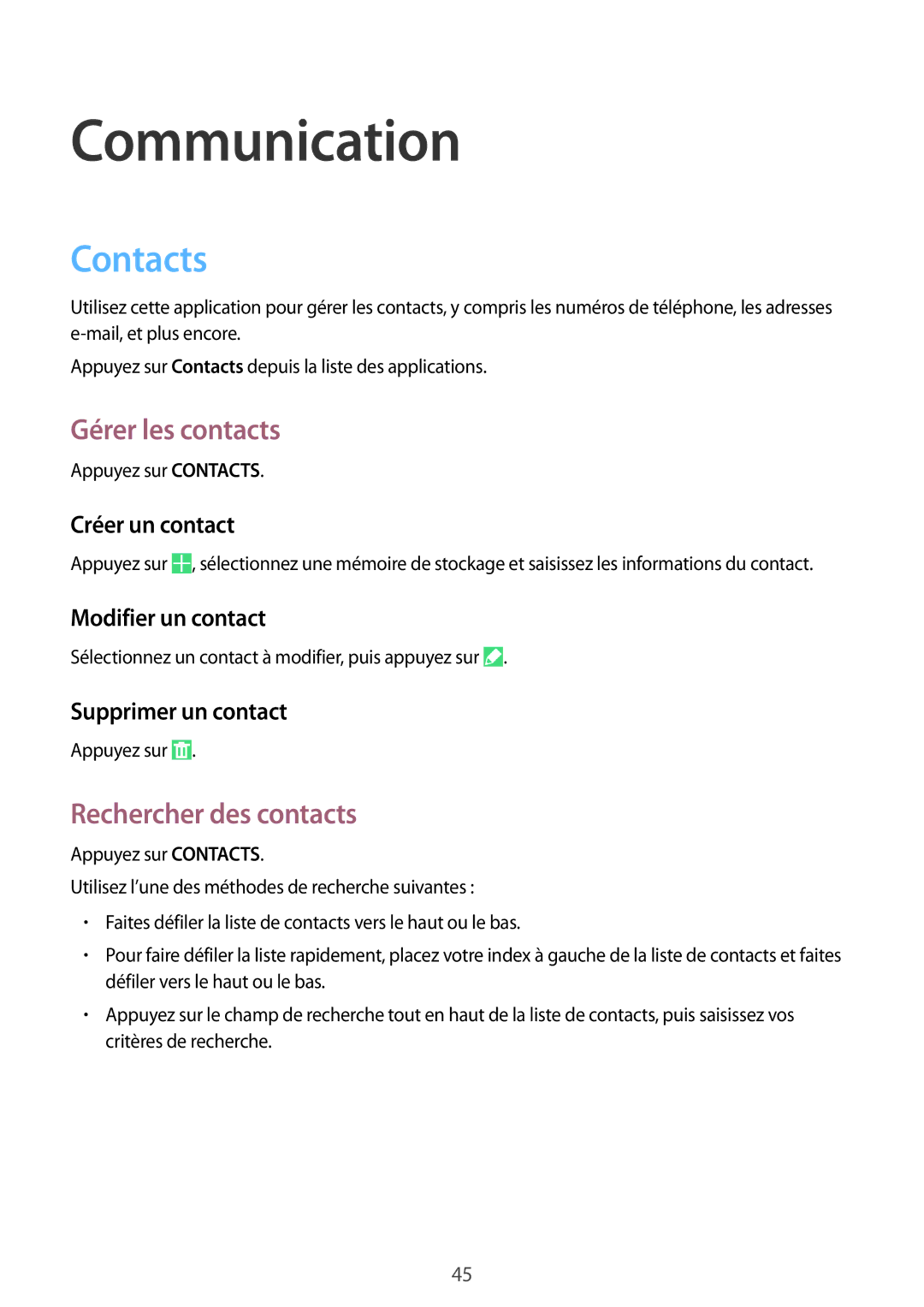 Samsung SM-T9000ZKAXEF, SM-T9000ZWAXEF manual Contacts, Gérer les contacts, Rechercher des contacts 