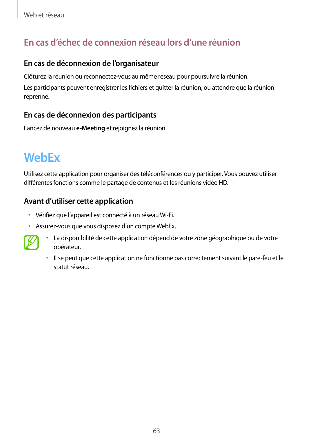 Samsung SM-T9000ZKAXEF WebEx, En cas d’échec de connexion réseau lors d’une réunion, Avant d’utiliser cette application 