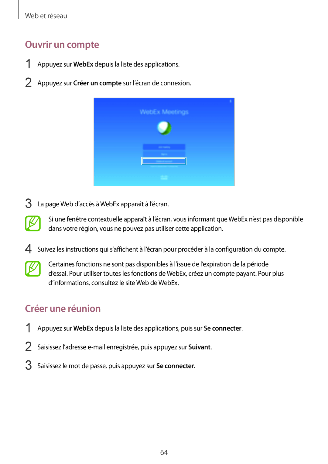Samsung SM-T9000ZWAXEF, SM-T9000ZKAXEF manual Ouvrir un compte, Créer une réunion 