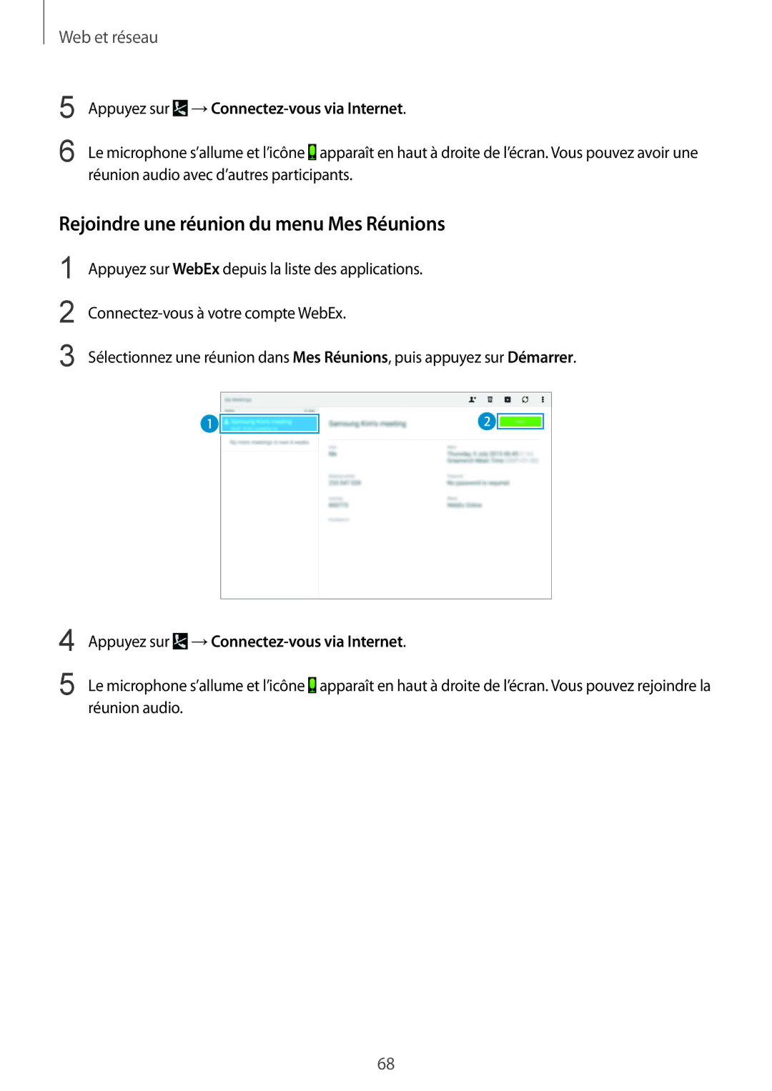 Samsung SM-T9000ZWAXEF, SM-T9000ZKAXEF manual Rejoindre une réunion du menu Mes Réunions 