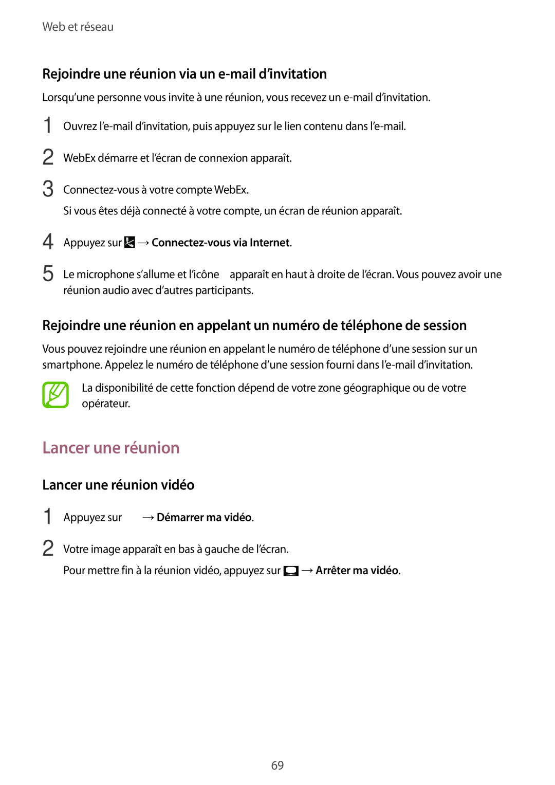 Samsung SM-T9000ZKAXEF, SM-T9000ZWAXEF manual Rejoindre une réunion via un e-mail d’invitation, Lancer une réunion vidéo 