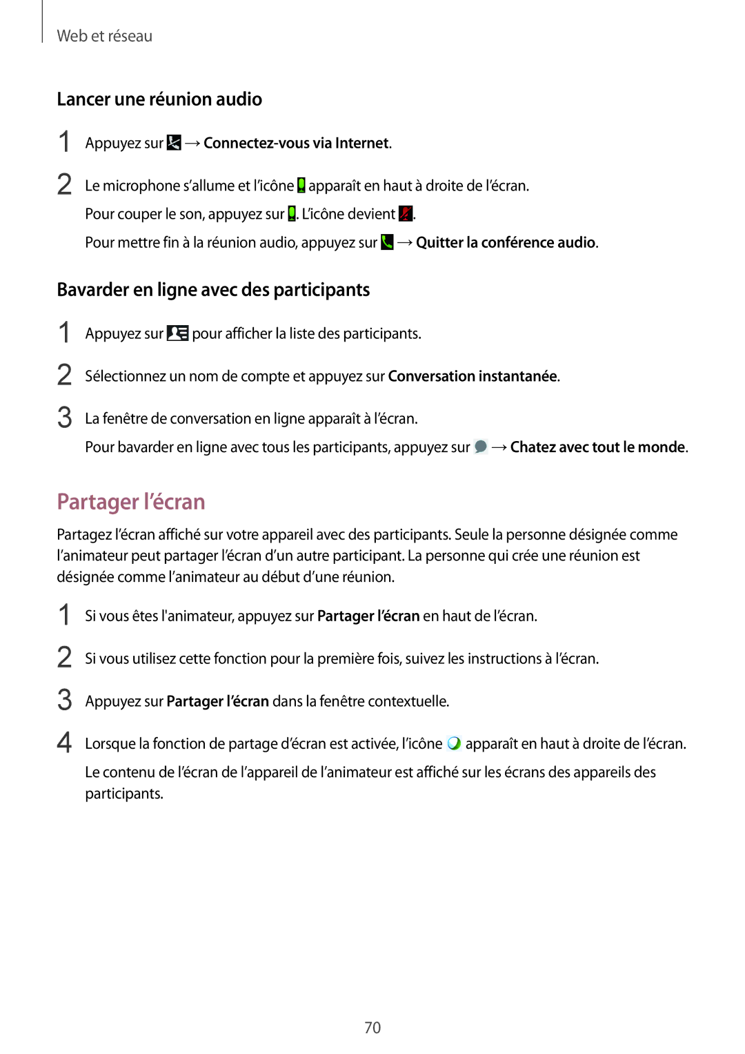 Samsung SM-T9000ZWAXEF, SM-T9000ZKAXEF Partager l’écran, Lancer une réunion audio, Bavarder en ligne avec des participants 