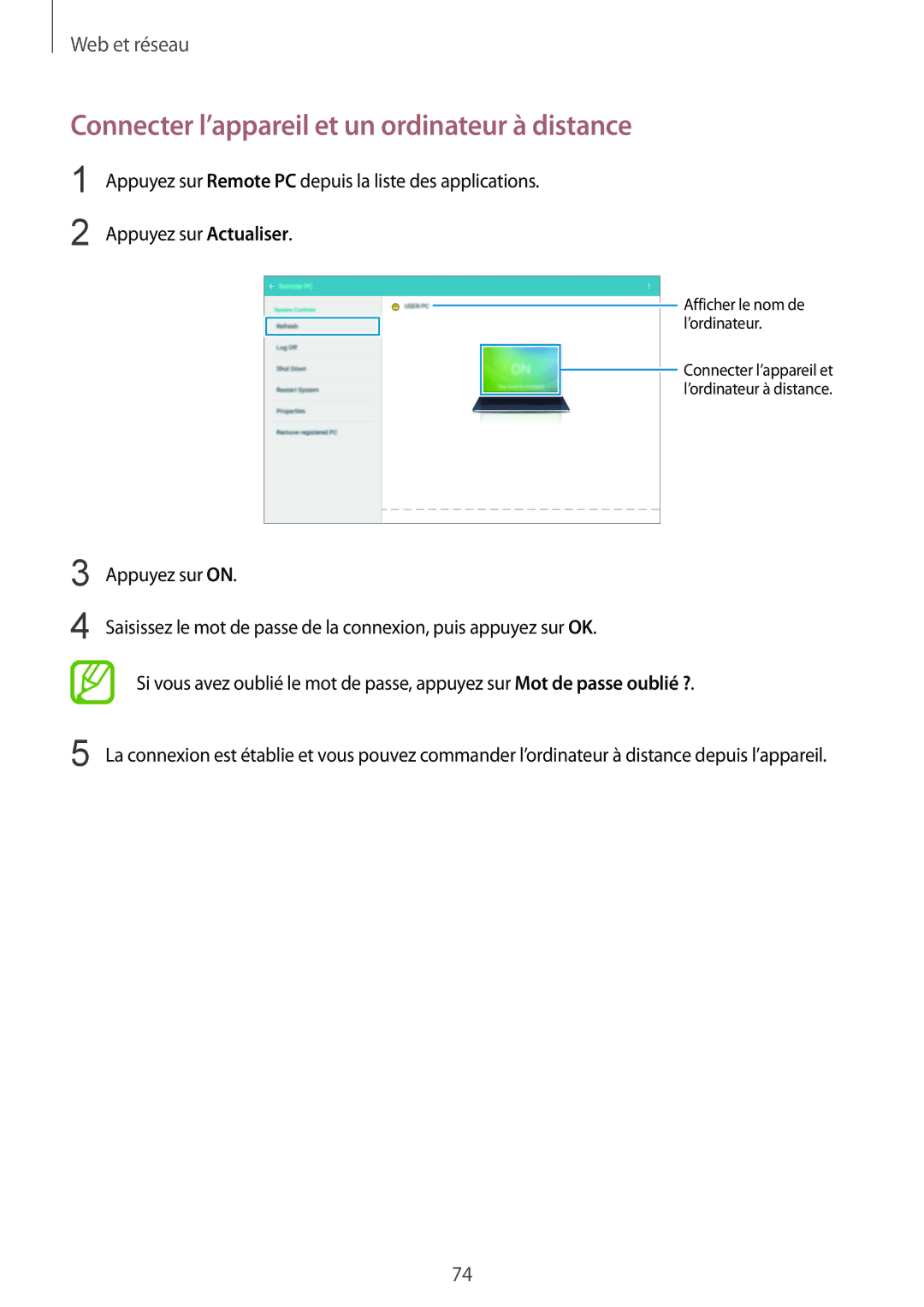 Samsung SM-T9000ZWAXEF, SM-T9000ZKAXEF manual Connecter l’appareil et un ordinateur à distance 