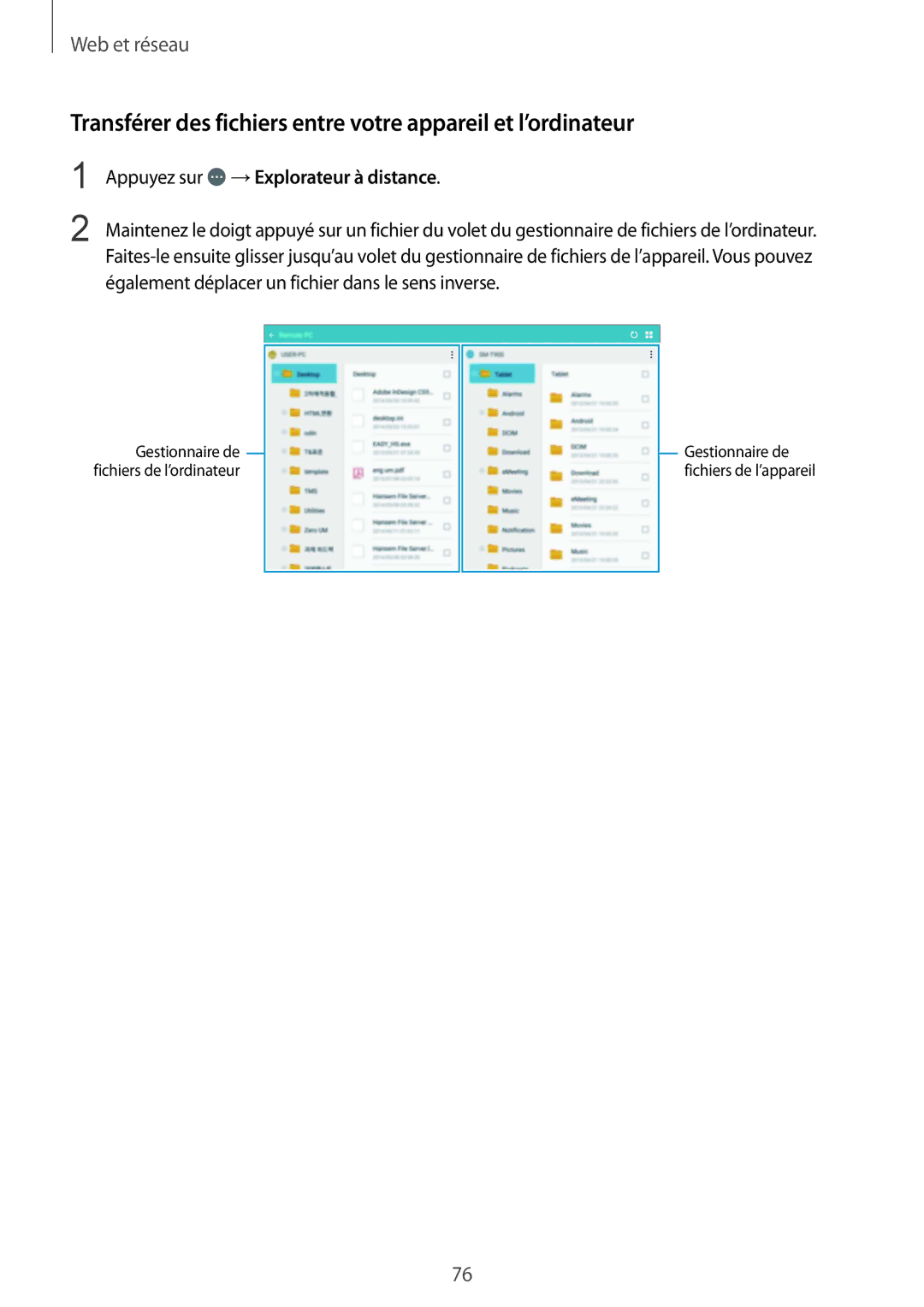Samsung SM-T9000ZWAXEF, SM-T9000ZKAXEF manual Transférer des fichiers entre votre appareil et l’ordinateur 