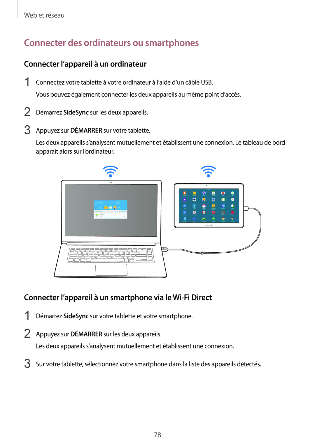 Samsung SM-T9000ZWAXEF, SM-T9000ZKAXEF manual Connecter des ordinateurs ou smartphones, Connecter l’appareil à un ordinateur 