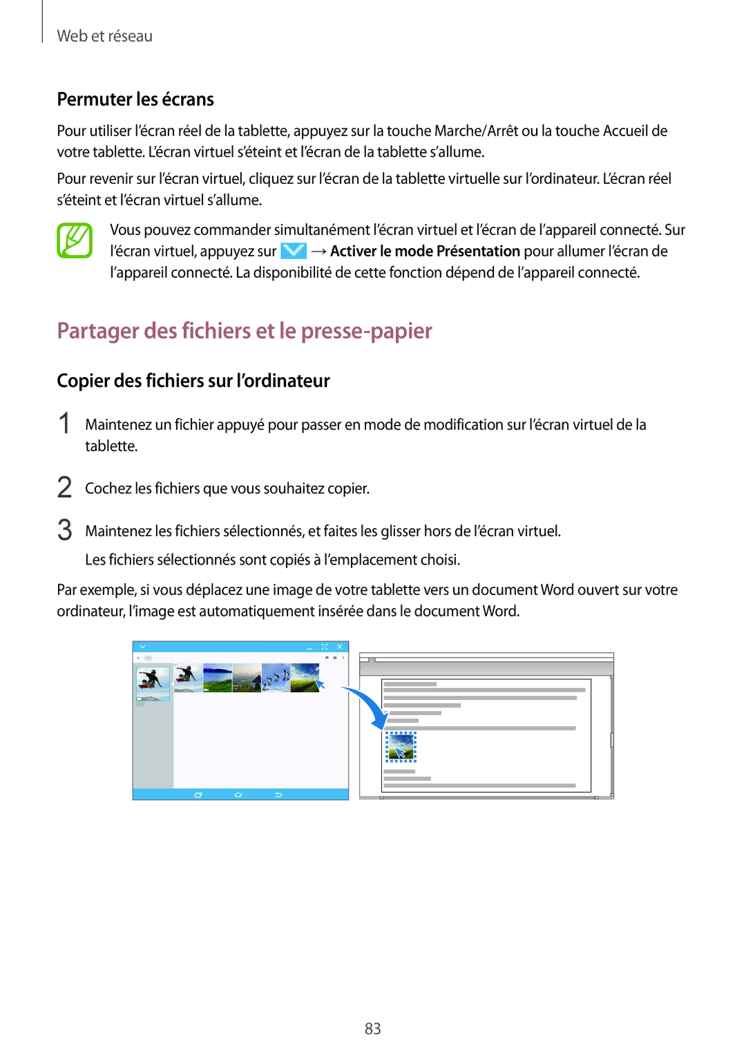 Samsung SM-T9000ZKAXEF, SM-T9000ZWAXEF manual Partager des fichiers et le presse-papier, Permuter les écrans 