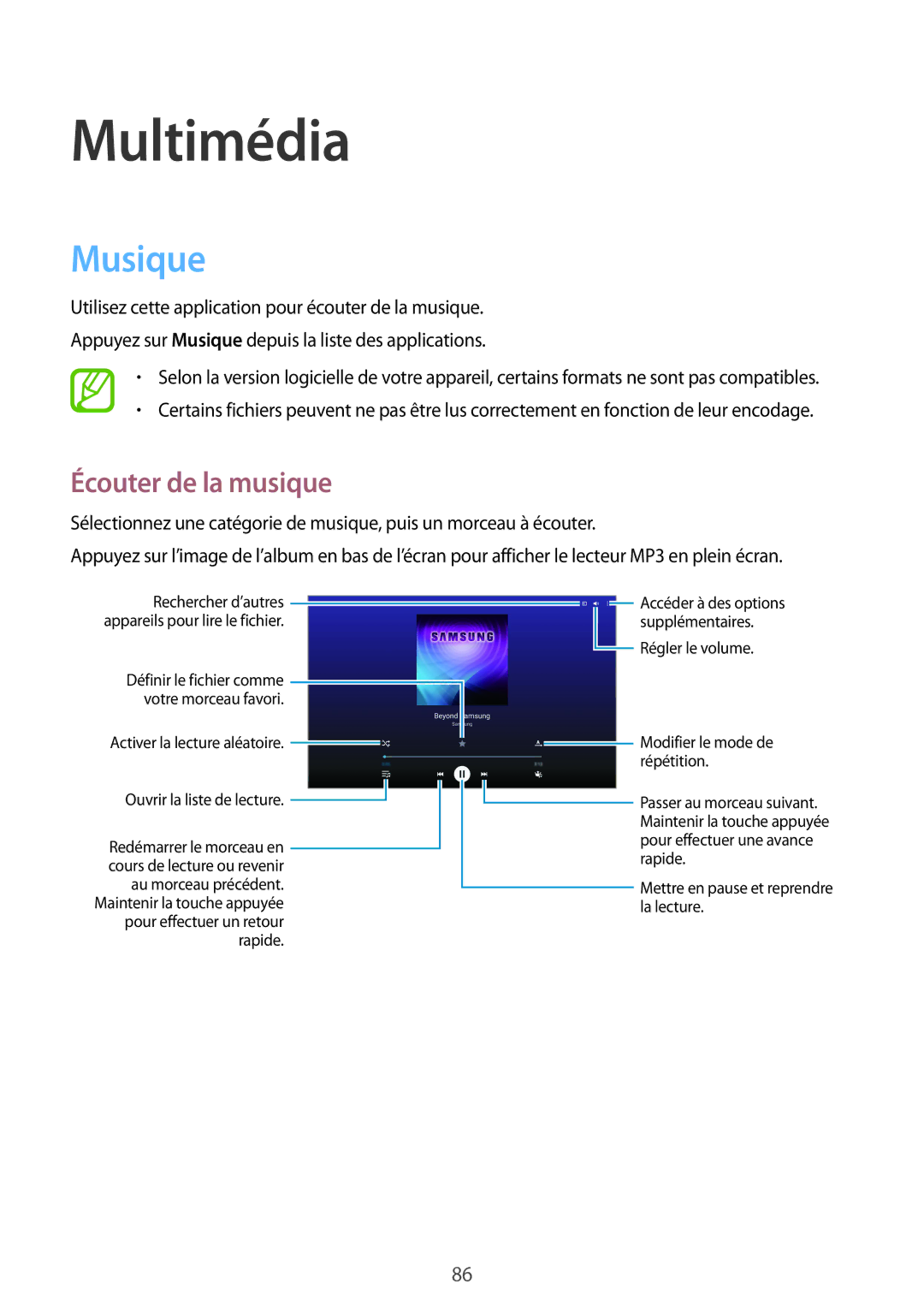 Samsung SM-T9000ZWAXEF, SM-T9000ZKAXEF manual Musique, Écouter de la musique 