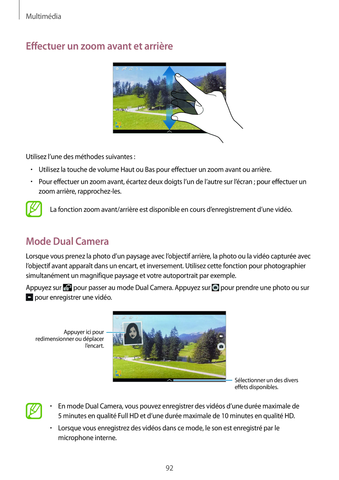 Samsung SM-T9000ZWAXEF, SM-T9000ZKAXEF manual Effectuer un zoom avant et arrière, Mode Dual Camera 