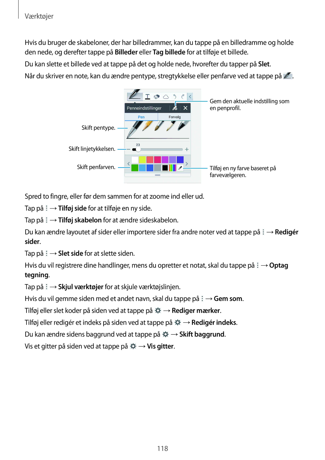 Samsung SM-T9050ZKANEE, SM-T9050ZWANEE manual Sider, →Optag, Tegning, →Rediger mærker, →Skift baggrund 