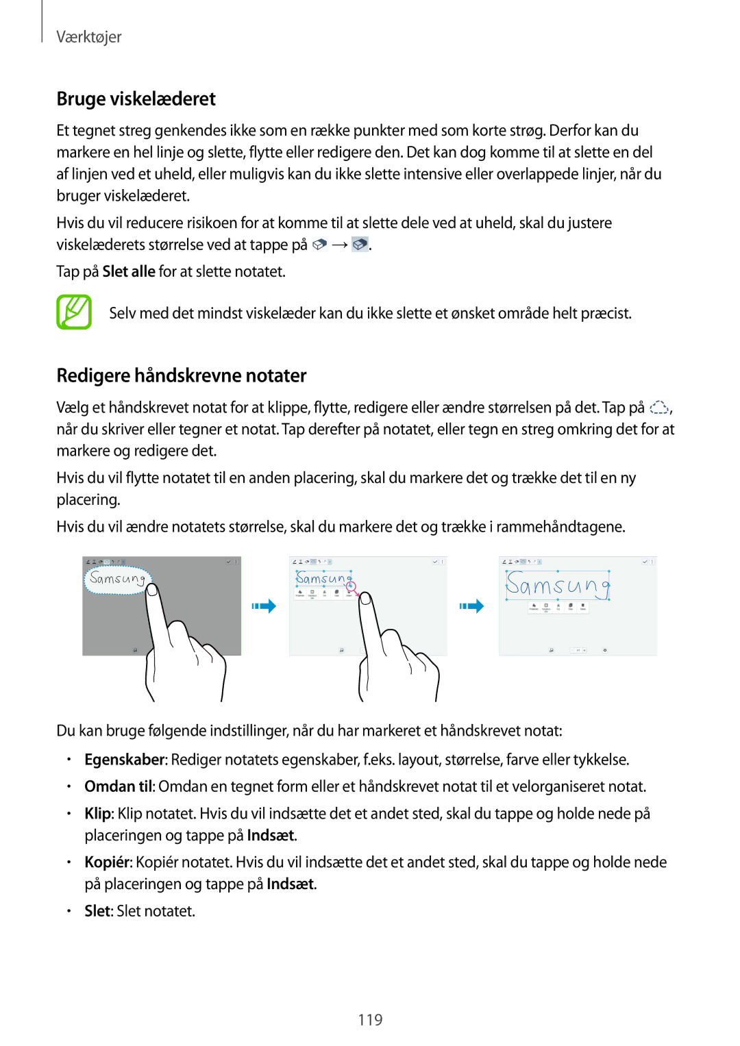 Samsung SM-T9050ZWANEE, SM-T9050ZKANEE manual Bruge viskelæderet, Redigere håndskrevne notater 