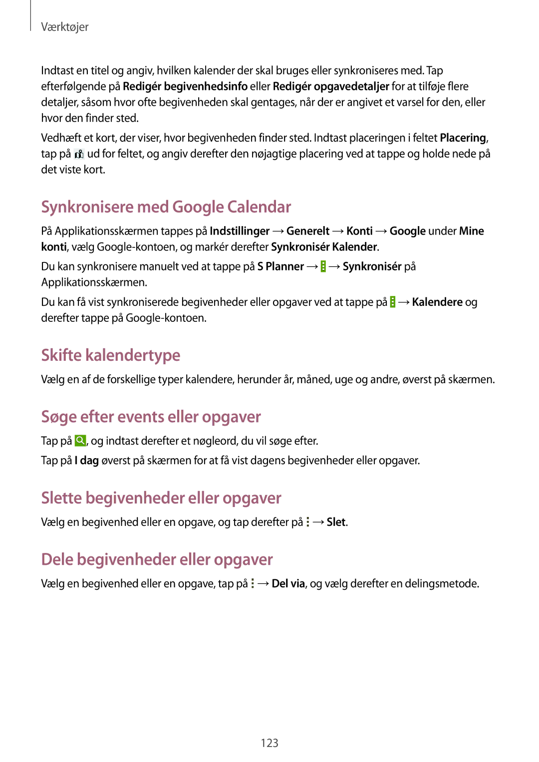 Samsung SM-T9050ZWANEE manual Synkronisere med Google Calendar, Skifte kalendertype, Søge efter events eller opgaver 