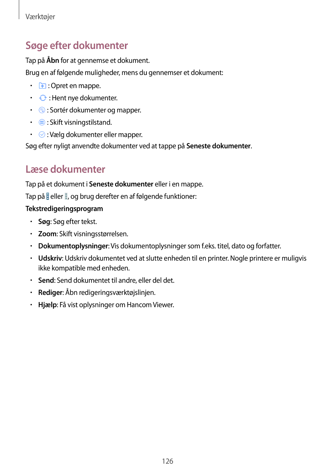 Samsung SM-T9050ZKANEE, SM-T9050ZWANEE manual Søge efter dokumenter, Læse dokumenter, Tekstredigeringsprogram 
