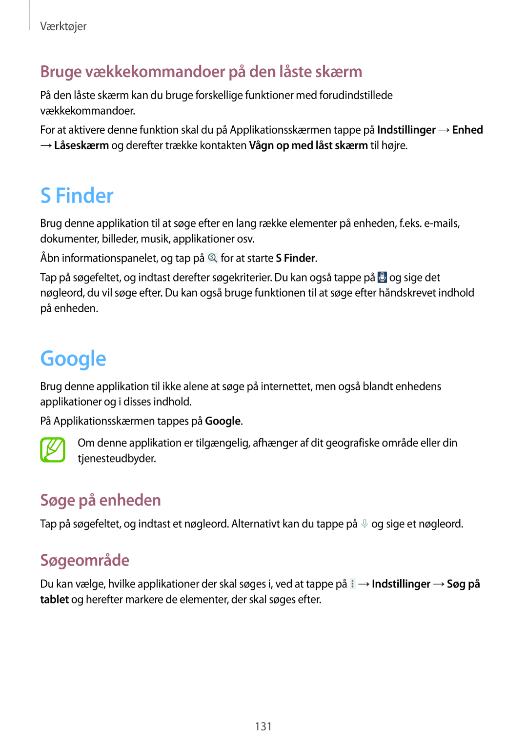 Samsung SM-T9050ZWANEE manual Finder, Google, Bruge vækkekommandoer på den låste skærm, Søge på enheden, Søgeområde 