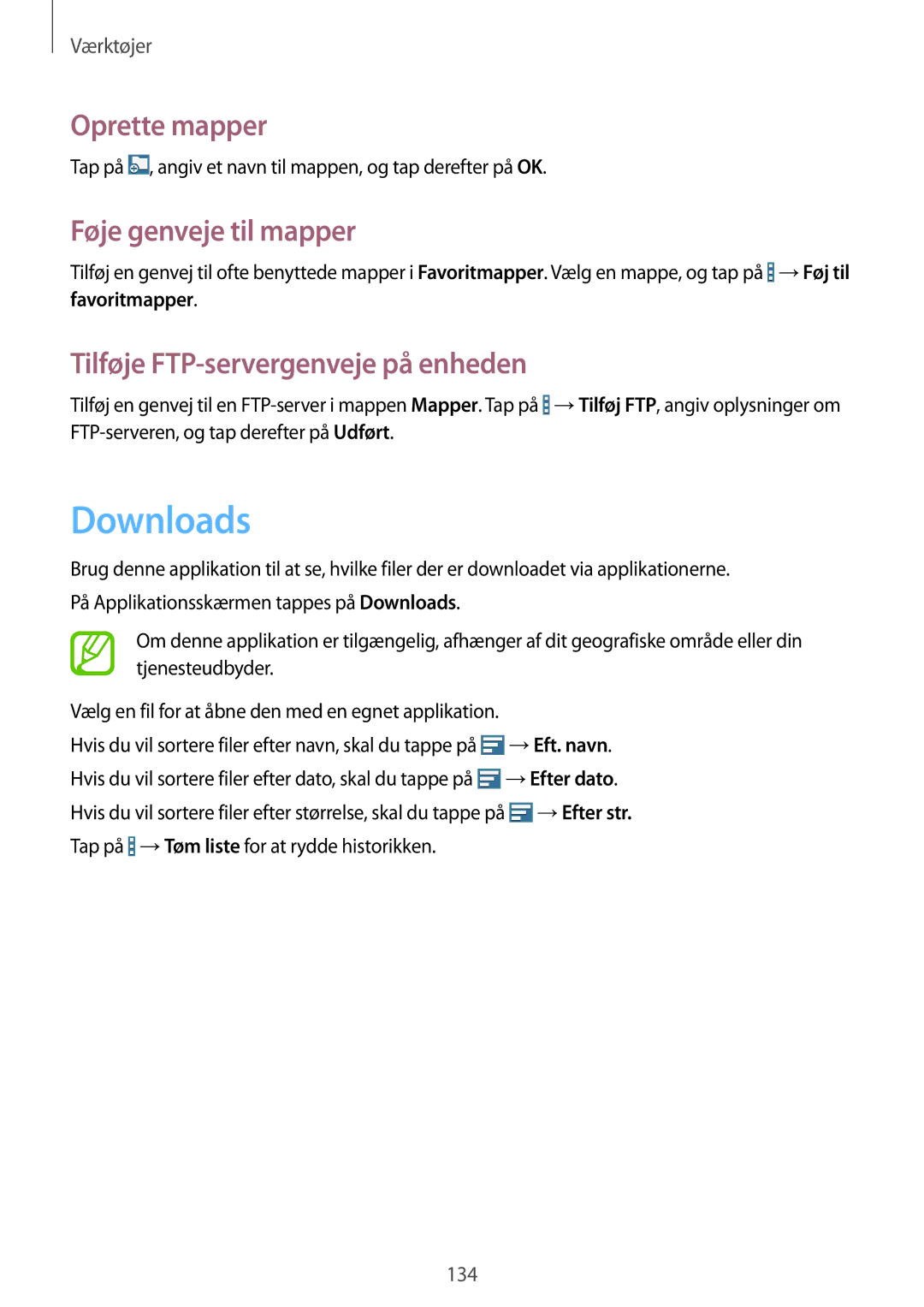 Samsung SM-T9050ZKANEE manual Downloads, Oprette mapper, Føje genveje til mapper, Tilføje FTP-servergenveje på enheden 