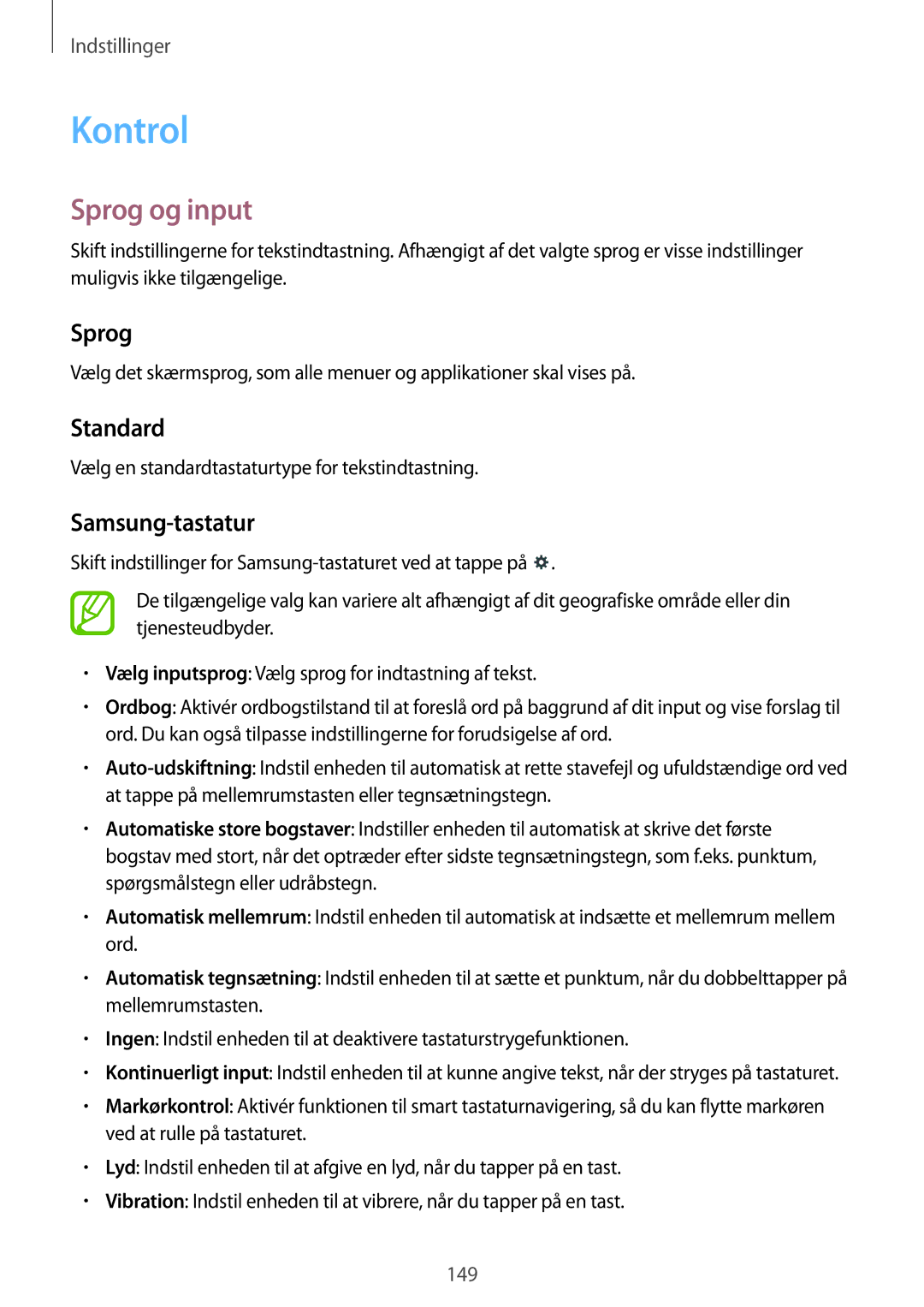 Samsung SM-T9050ZWANEE, SM-T9050ZKANEE manual Kontrol, Sprog og input, Standard, Samsung-tastatur 