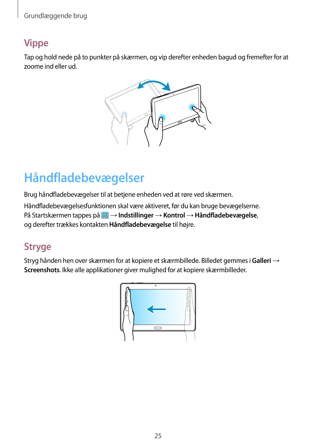 Samsung SM-T9050ZWANEE, SM-T9050ZKANEE manual Håndfladebevægelser, Vippe, Stryge 