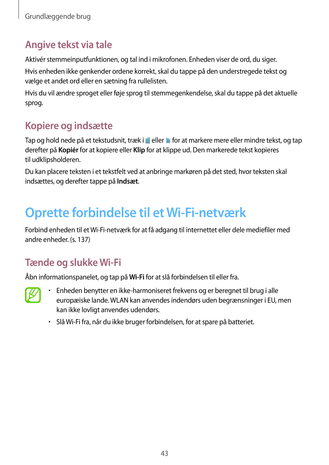 Samsung SM-T9050ZWANEE manual Oprette forbindelse til et Wi-Fi-netværk, Angive tekst via tale, Kopiere og indsætte 