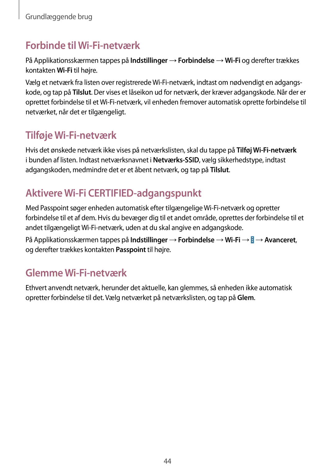 Samsung SM-T9050ZKANEE manual Forbinde til Wi-Fi-netværk, Tilføje Wi-Fi-netværk, Aktivere Wi-Fi CERTIFIED-adgangspunkt 