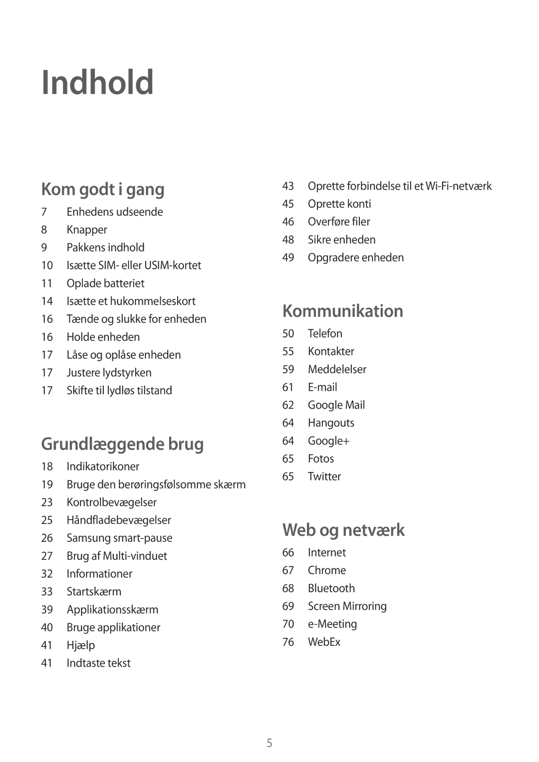 Samsung SM-T9050ZWANEE, SM-T9050ZKANEE manual Indhold, Internet Chrome Bluetooth Screen Mirroring Meeting WebEx 