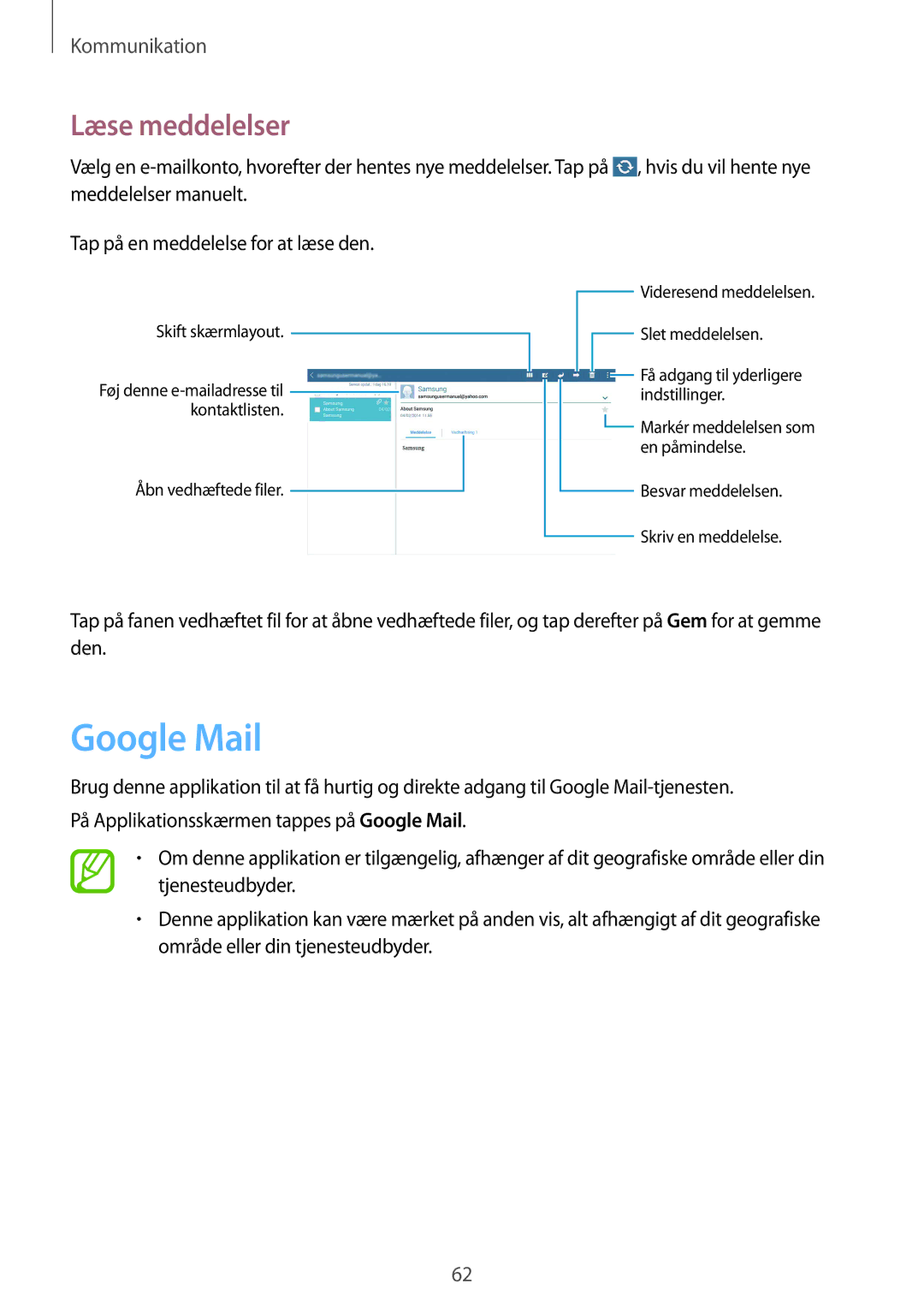 Samsung SM-T9050ZKANEE, SM-T9050ZWANEE manual Google Mail, Læse meddelelser 