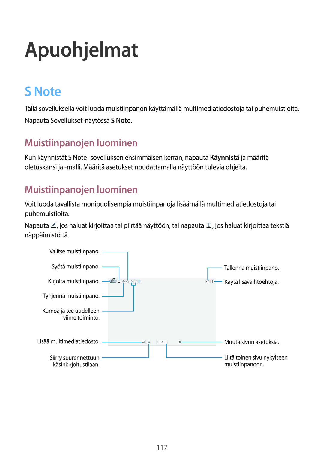 Samsung SM-T9050ZWANEE, SM-T9050ZKANEE manual Apuohjelmat, Muistiinpanojen luominen 