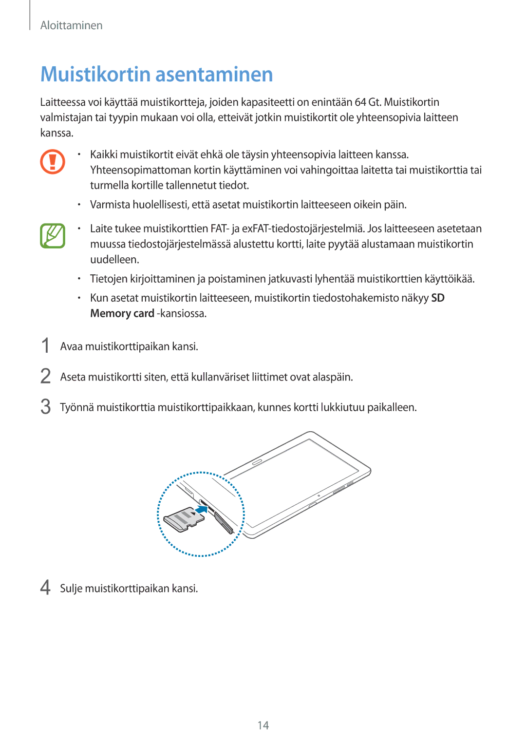 Samsung SM-T9050ZKANEE, SM-T9050ZWANEE manual Muistikortin asentaminen 