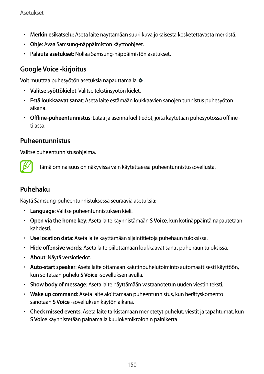 Samsung SM-T9050ZKANEE, SM-T9050ZWANEE manual Google Voice -kirjoitus, Puheentunnistus, Puhehaku 