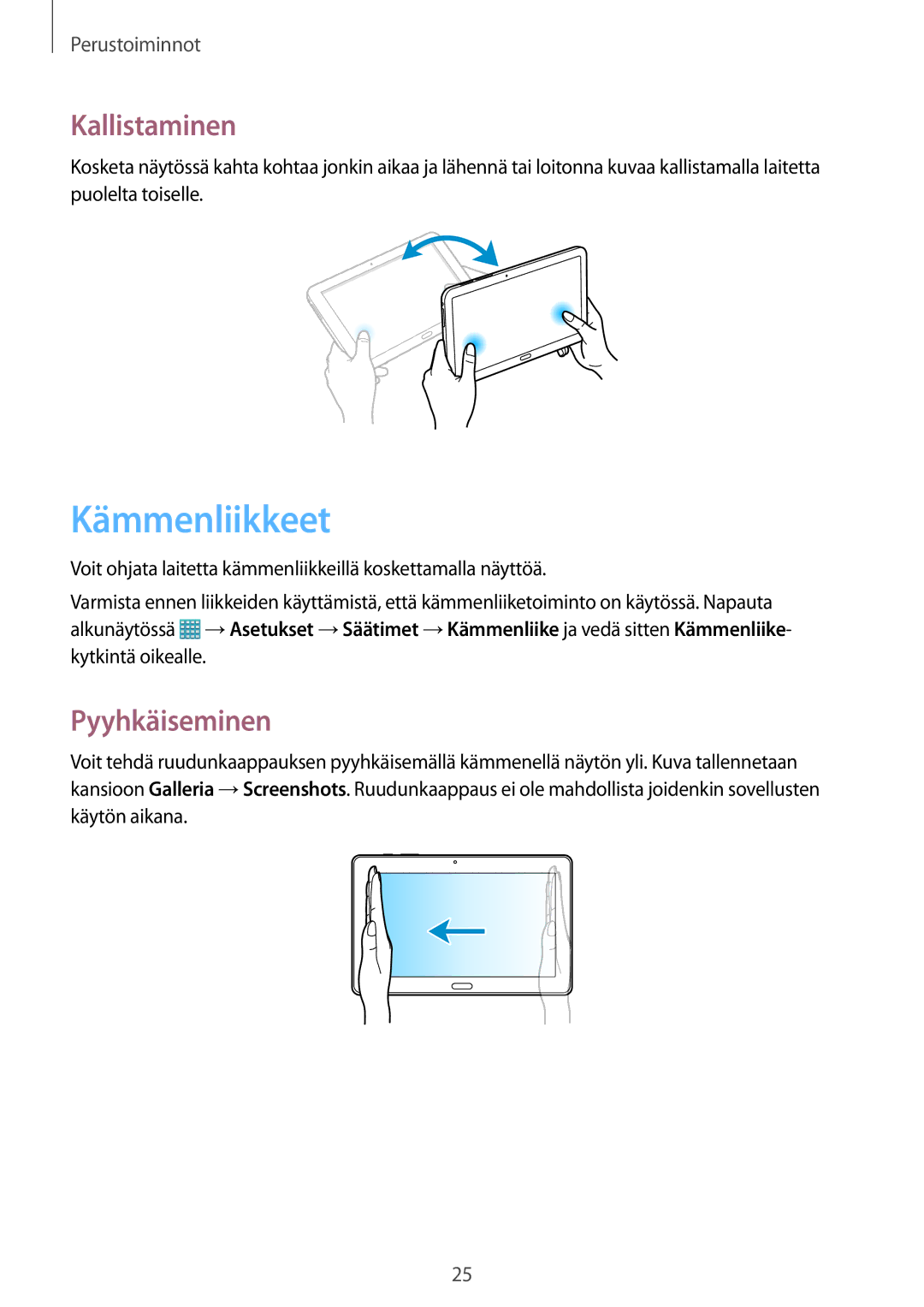 Samsung SM-T9050ZWANEE, SM-T9050ZKANEE manual Kämmenliikkeet, Kallistaminen, Pyyhkäiseminen 