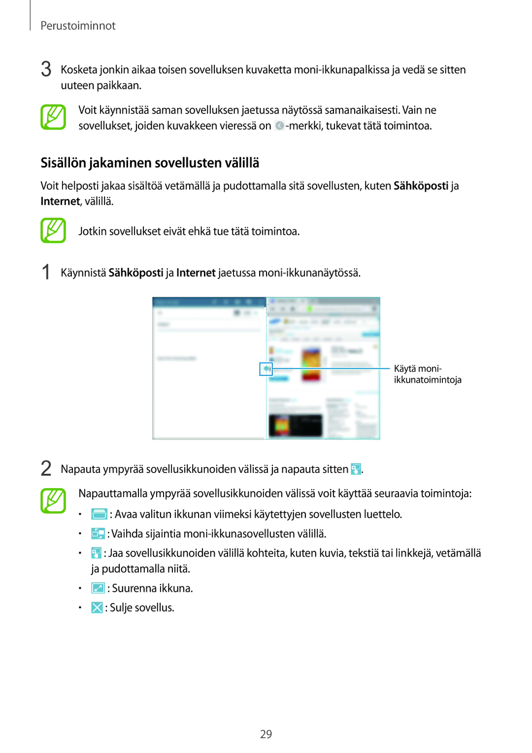 Samsung SM-T9050ZWANEE, SM-T9050ZKANEE manual Sisällön jakaminen sovellusten välillä 