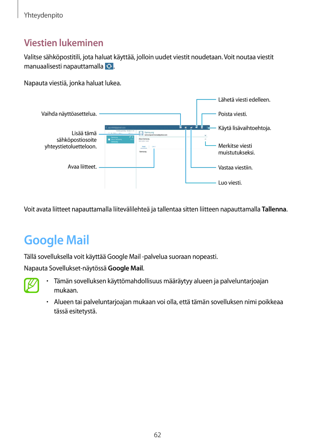 Samsung SM-T9050ZKANEE, SM-T9050ZWANEE manual Google Mail, Viestien lukeminen 