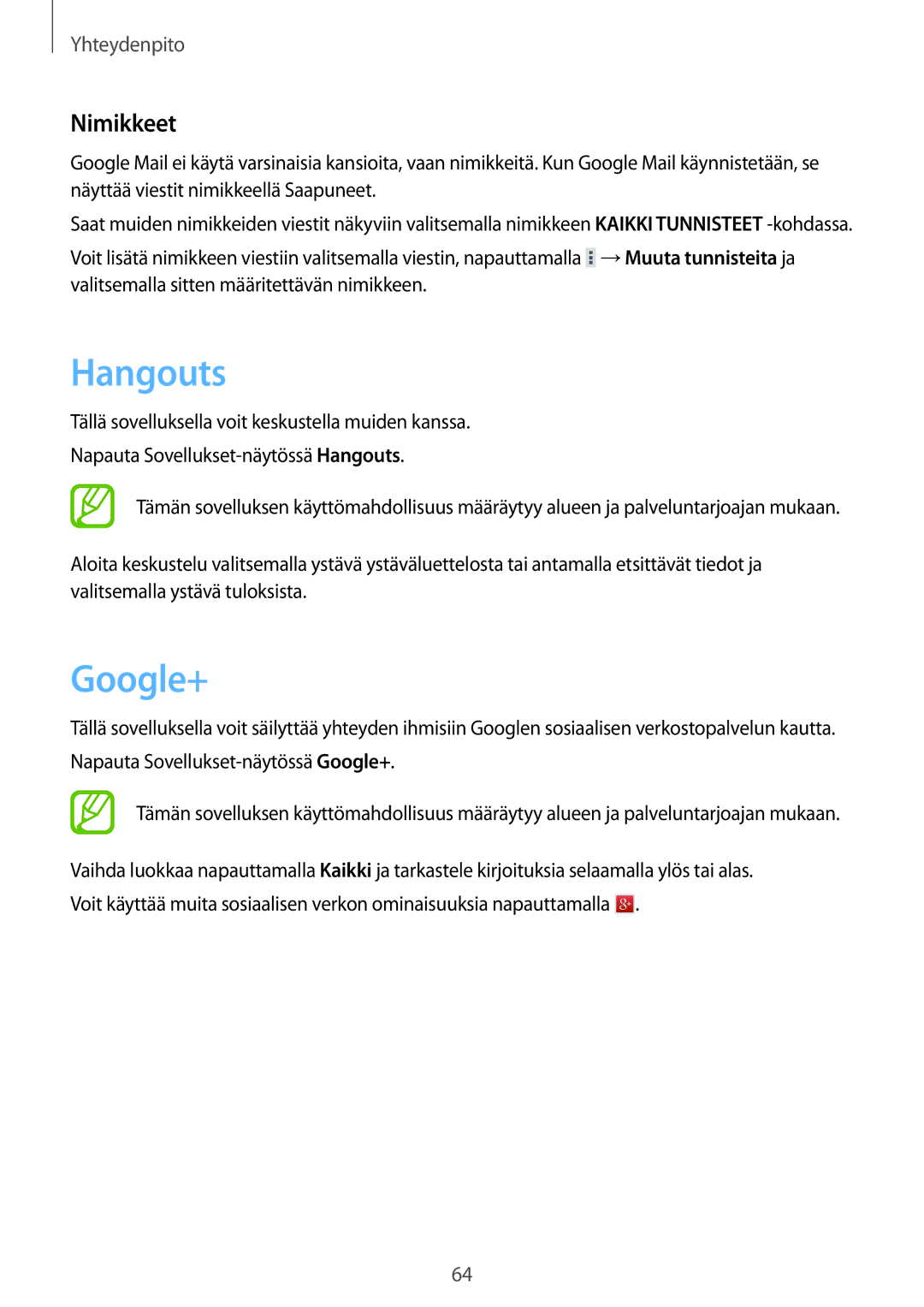 Samsung SM-T9050ZKANEE, SM-T9050ZWANEE manual Hangouts, Google+, Nimikkeet 