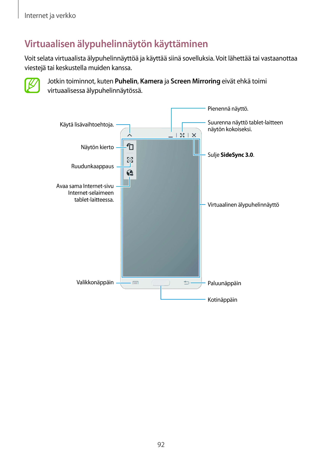 Samsung SM-T9050ZKANEE, SM-T9050ZWANEE manual Virtuaalisen älypuhelinnäytön käyttäminen 