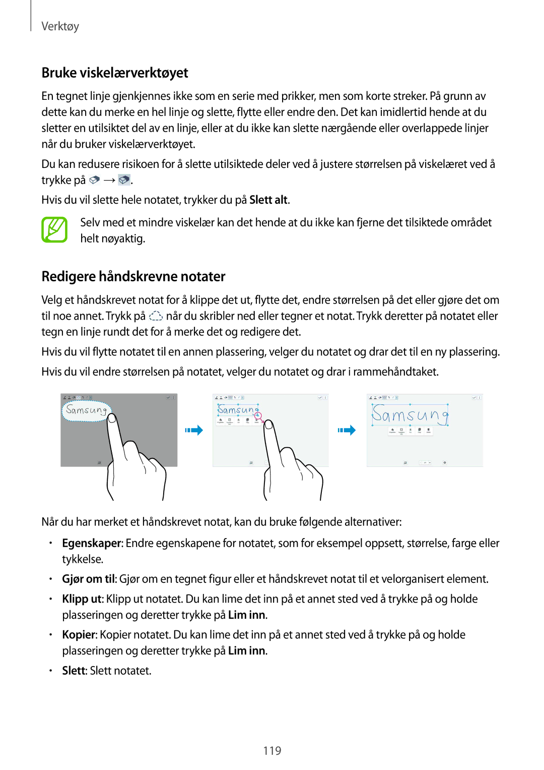 Samsung SM-T9050ZWANEE, SM-T9050ZKANEE manual Bruke viskelærverktøyet, Redigere håndskrevne notater 