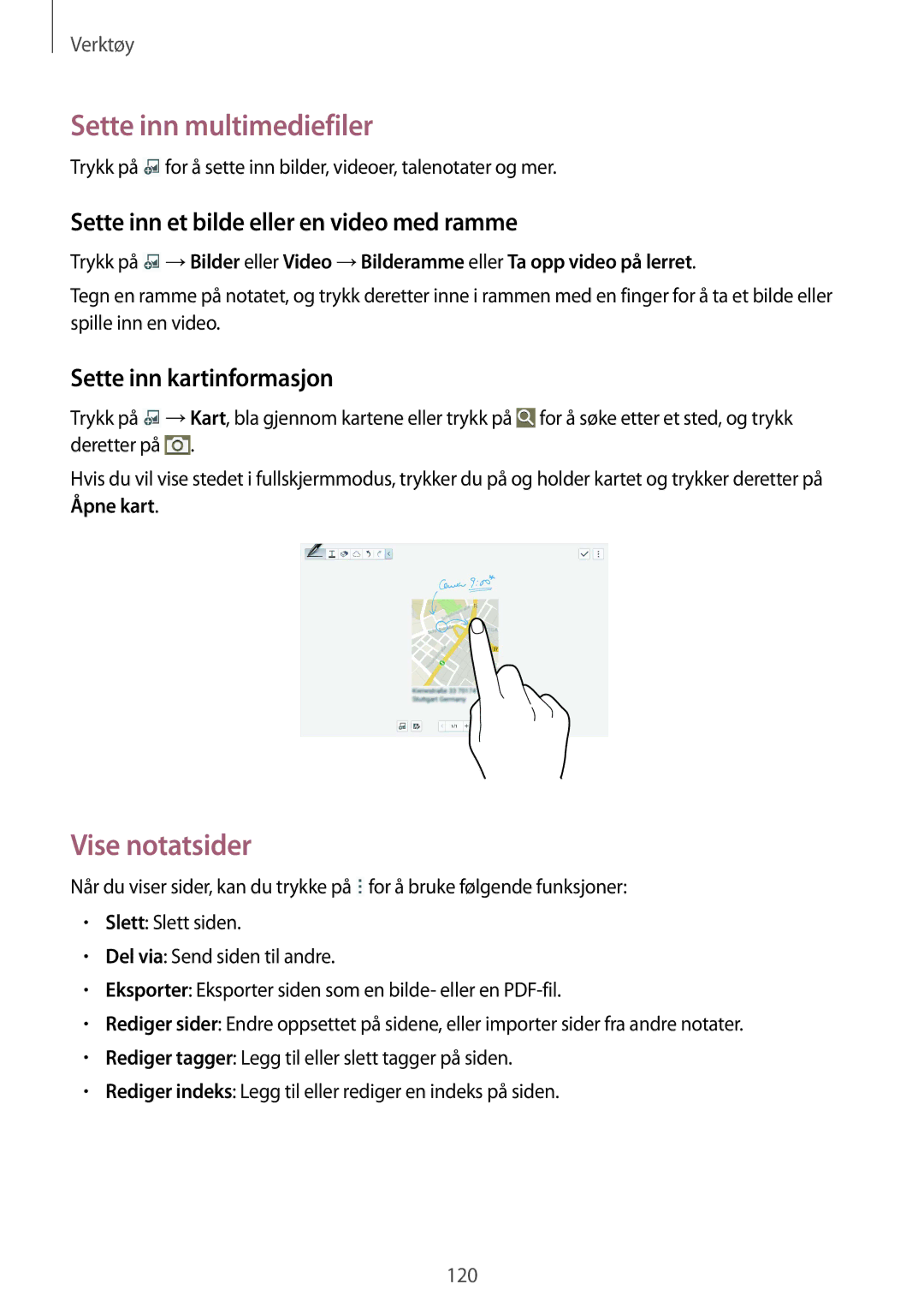 Samsung SM-T9050ZKANEE manual Sette inn multimediefiler, Vise notatsider, Sette inn et bilde eller en video med ramme 