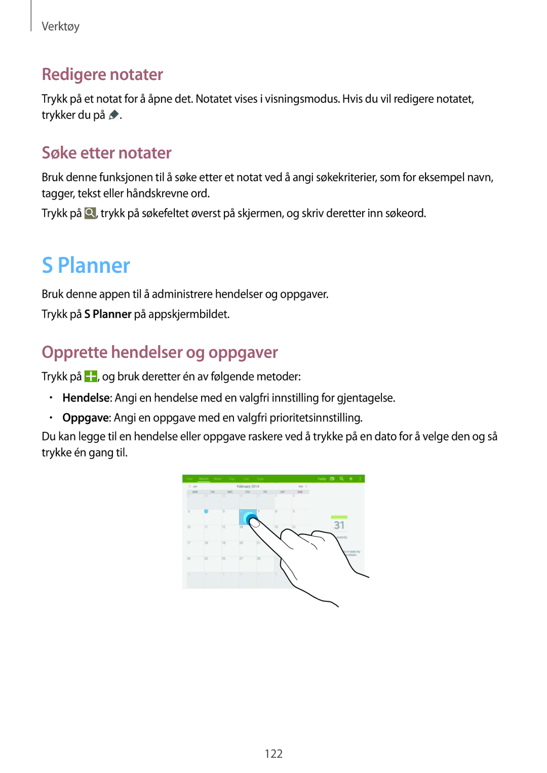 Samsung SM-T9050ZKANEE, SM-T9050ZWANEE manual Planner, Redigere notater, Søke etter notater, Opprette hendelser og oppgaver 