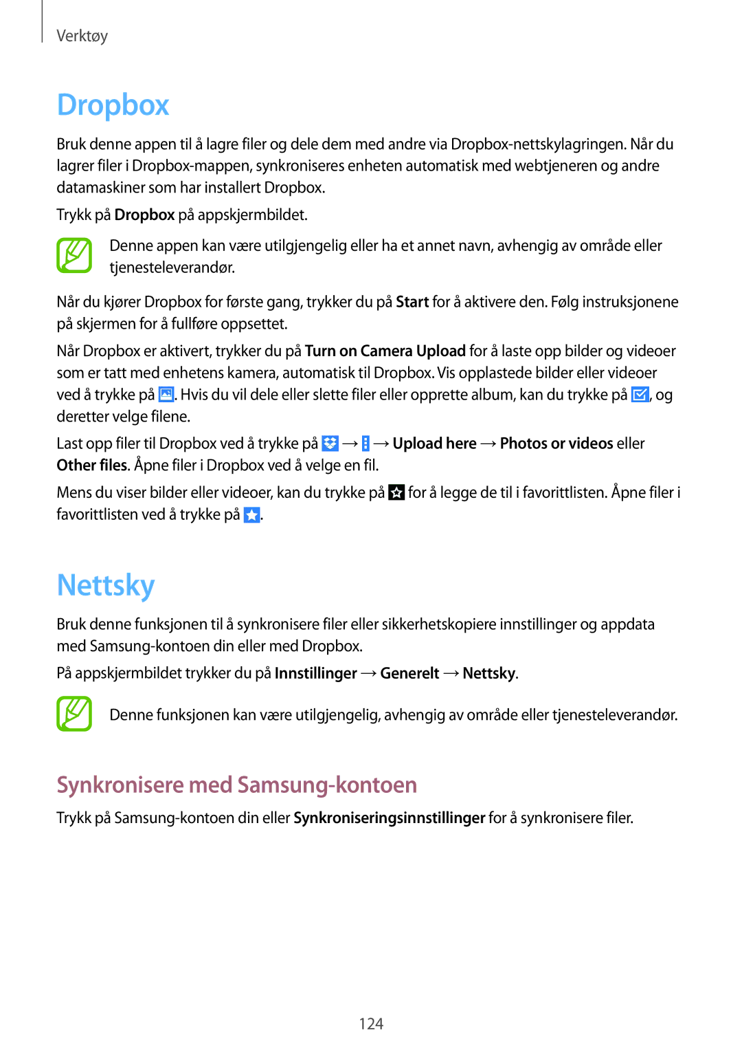 Samsung SM-T9050ZKANEE, SM-T9050ZWANEE manual Dropbox, Nettsky, Synkronisere med Samsung-kontoen 