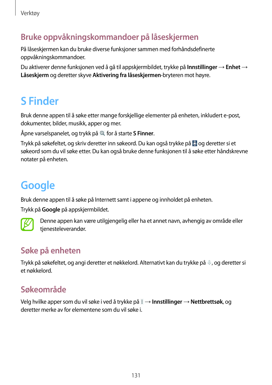 Samsung SM-T9050ZWANEE manual Finder, Google, Bruke oppvåkningskommandoer på låseskjermen, Søke på enheten, Søkeområde 