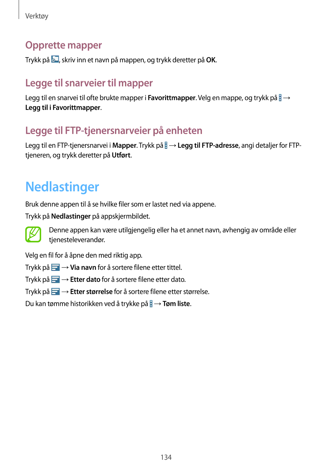 Samsung SM-T9050ZKANEE, SM-T9050ZWANEE manual Nedlastinger, Opprette mapper, Legge til snarveier til mapper 