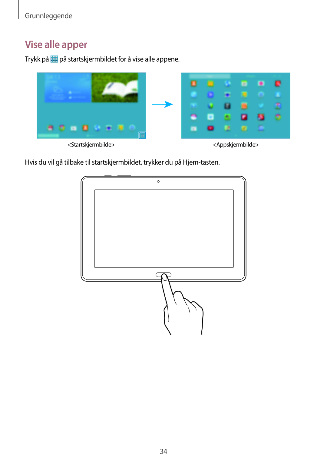 Samsung SM-T9050ZKANEE, SM-T9050ZWANEE manual Vise alle apper, Trykk på på startskjermbildet for å vise alle appene 