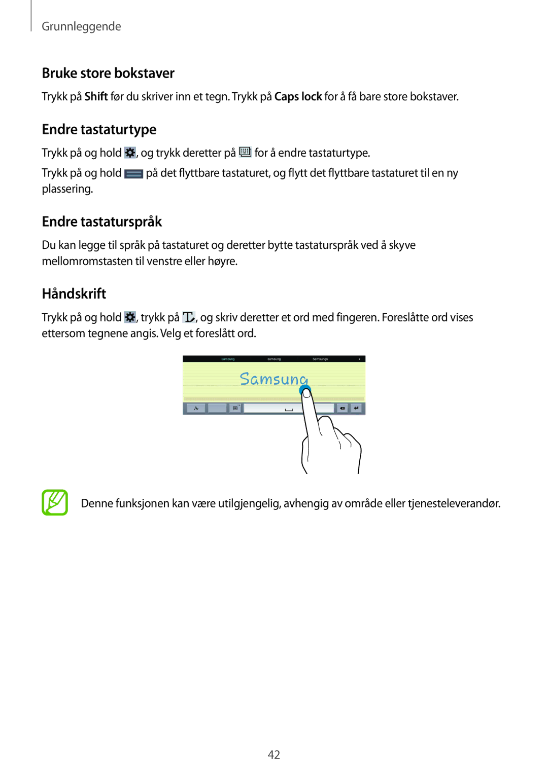 Samsung SM-T9050ZKANEE, SM-T9050ZWANEE manual Bruke store bokstaver, Endre tastaturtype, Endre tastaturspråk, Håndskrift 