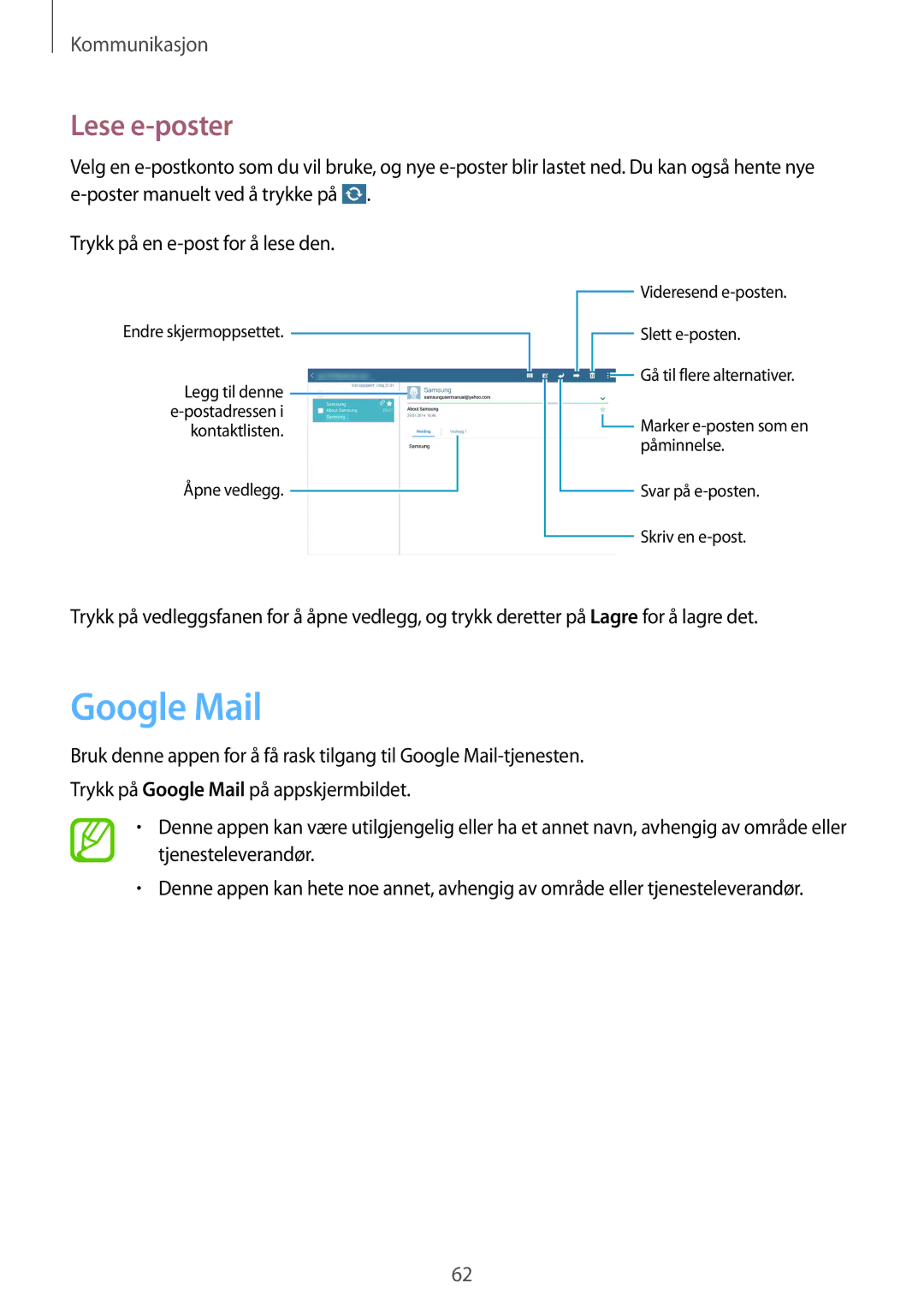 Samsung SM-T9050ZKANEE, SM-T9050ZWANEE manual Google Mail, Lese e-poster 