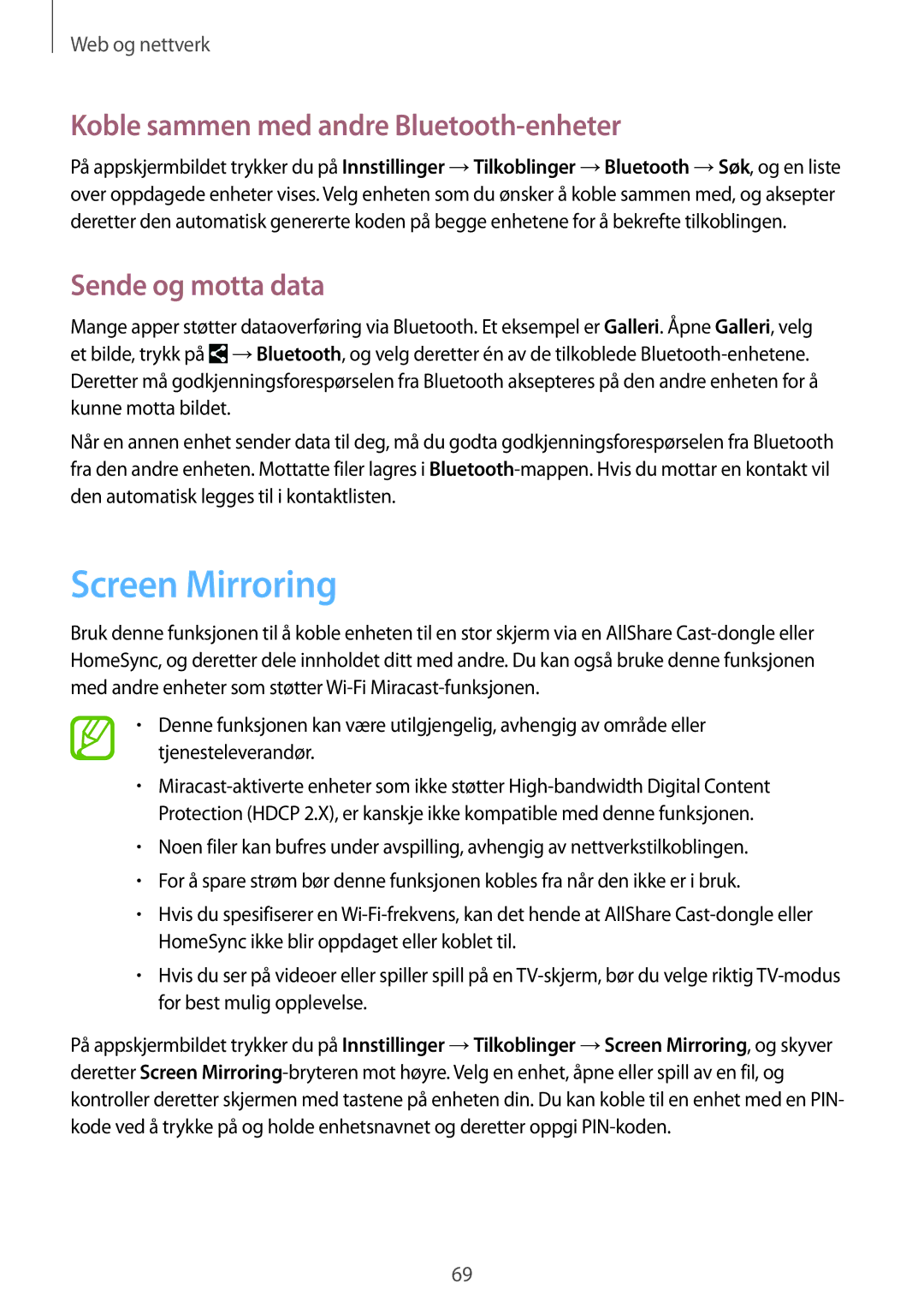 Samsung SM-T9050ZWANEE, SM-T9050ZKANEE Screen Mirroring, Koble sammen med andre Bluetooth-enheter, Sende og motta data 