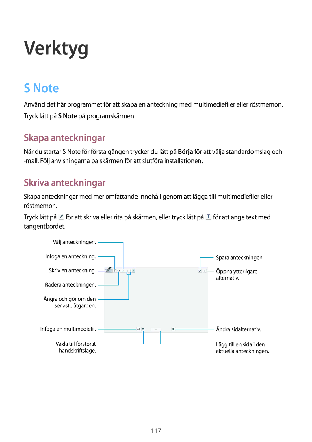 Samsung SM-T9050ZWANEE, SM-T9050ZKANEE manual Verktyg, Skapa anteckningar, Skriva anteckningar 