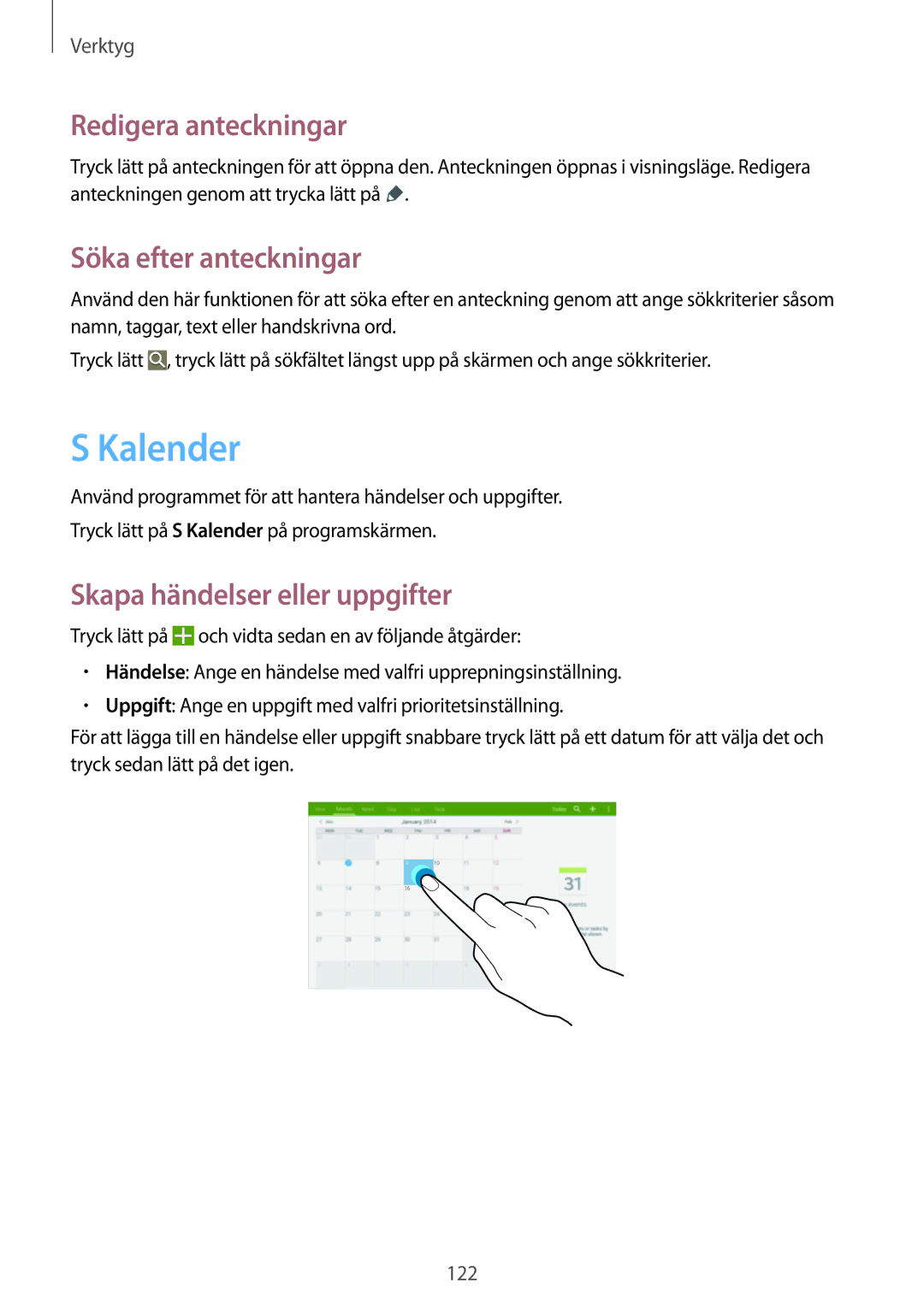 Samsung SM-T9050ZKANEE manual Kalender, Redigera anteckningar, Söka efter anteckningar, Skapa händelser eller uppgifter 