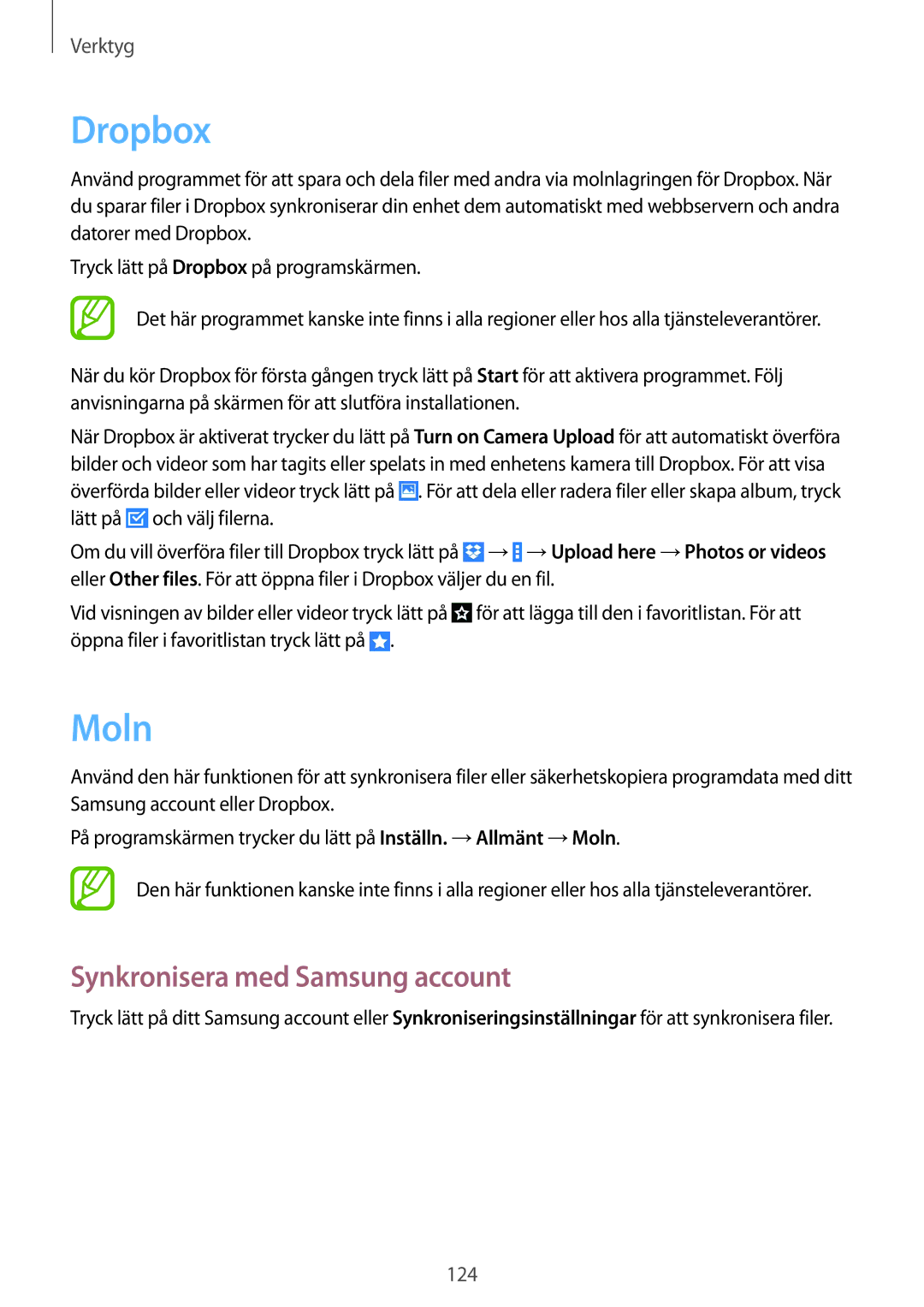 Samsung SM-T9050ZKANEE, SM-T9050ZWANEE manual Dropbox, Moln, Synkronisera med Samsung account 