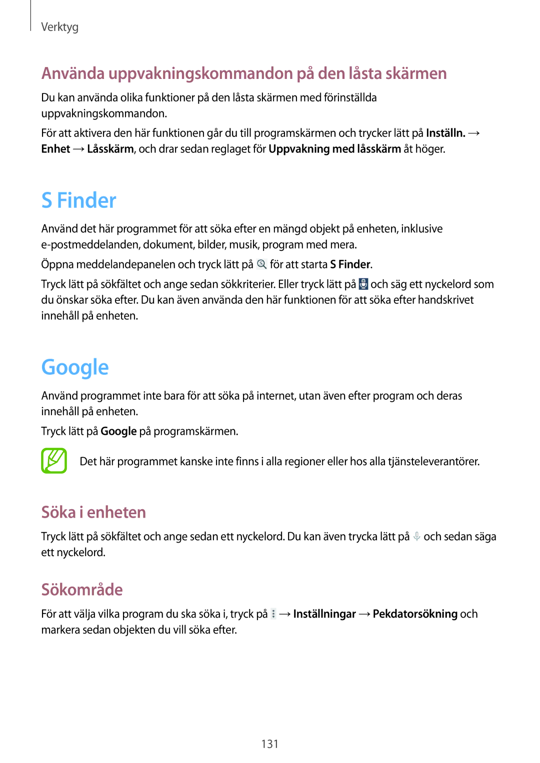 Samsung SM-T9050ZWANEE manual Finder, Google, Använda uppvakningskommandon på den låsta skärmen, Söka i enheten, Sökområde 