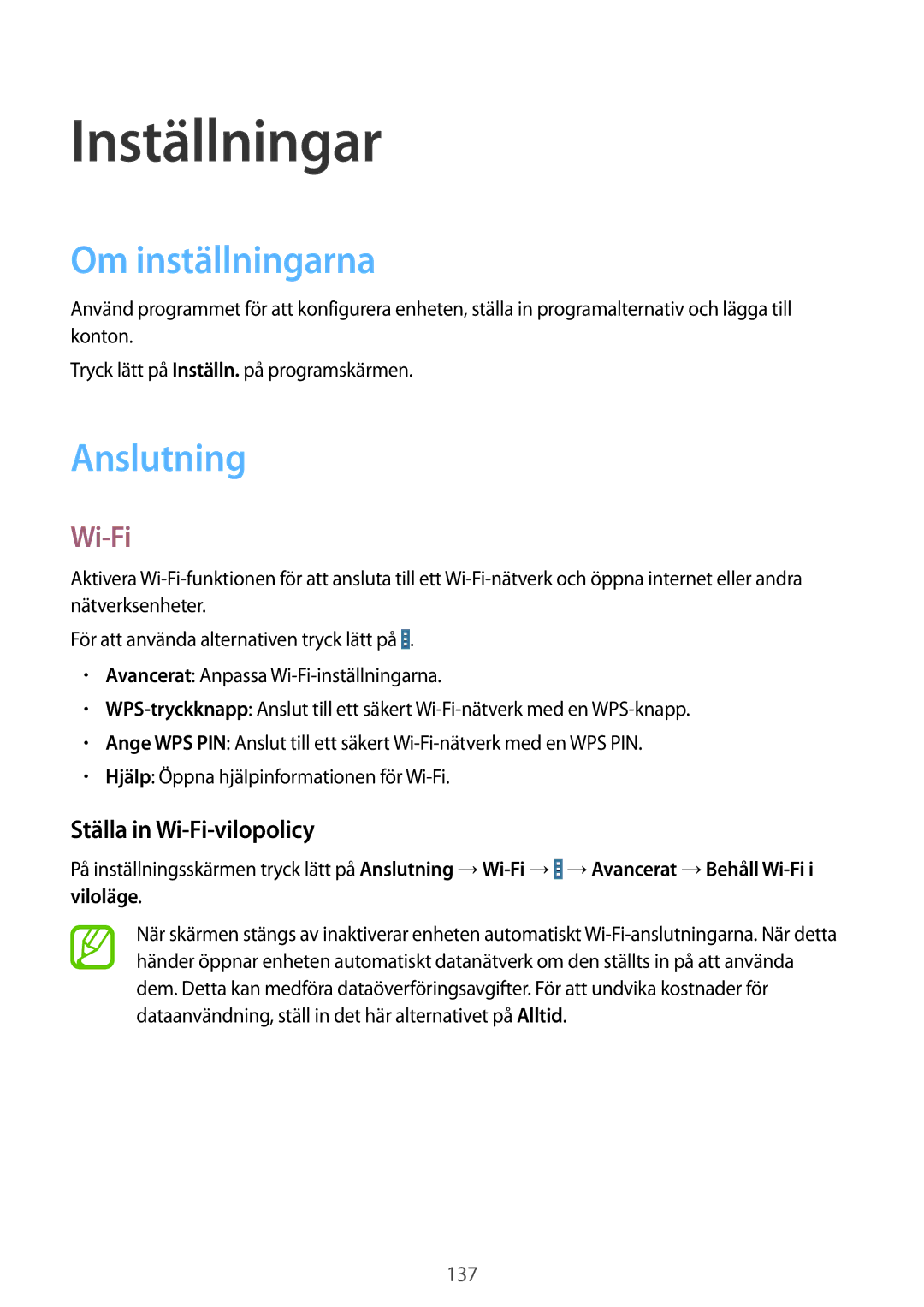 Samsung SM-T9050ZWANEE, SM-T9050ZKANEE manual Inställningar, Om inställningarna, Anslutning, Ställa in Wi-Fi-vilopolicy 