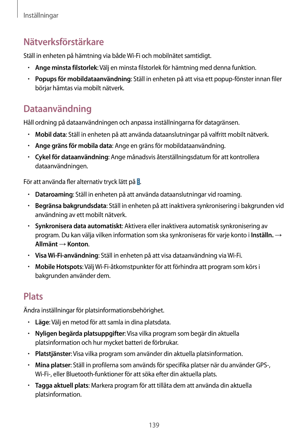 Samsung SM-T9050ZWANEE, SM-T9050ZKANEE manual Nätverksförstärkare, Dataanvändning, Plats 