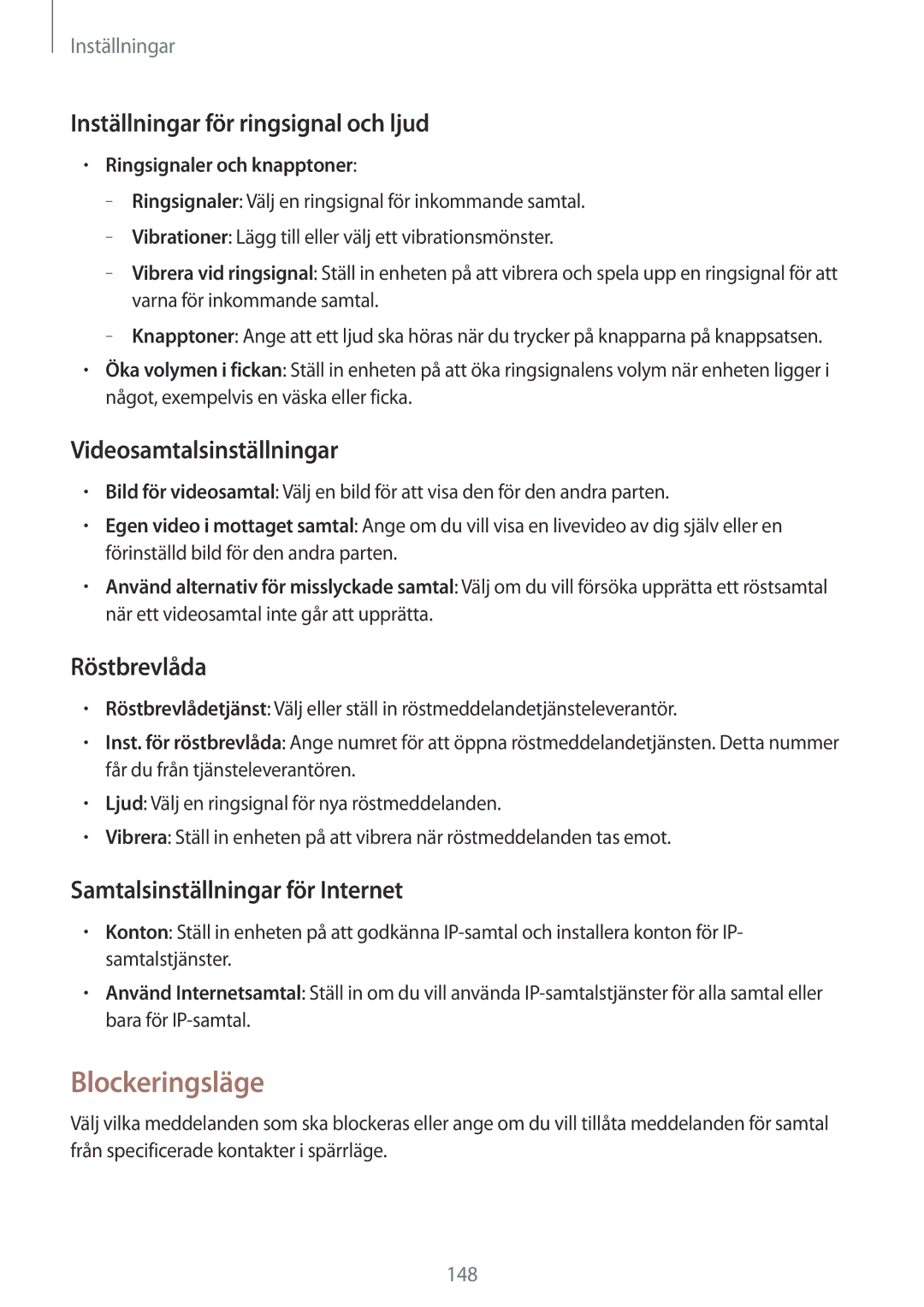 Samsung SM-T9050ZKANEE Blockeringsläge, Inställningar för ringsignal och ljud, Videosamtalsinställningar, Röstbrevlåda 