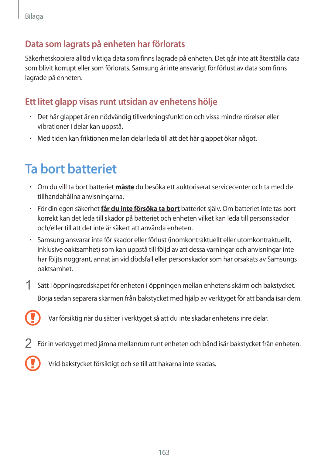 Samsung SM-T9050ZWANEE, SM-T9050ZKANEE manual Ta bort batteriet, Data som lagrats på enheten har förlorats 